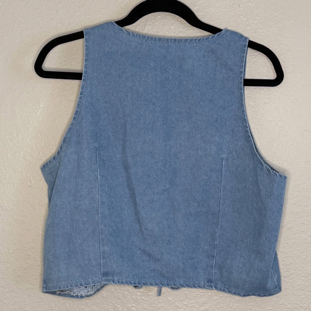 Cottage Boho Country Denim Festival Embroidered Tie Front Vest Women Large Retro - Picture 2 of 6